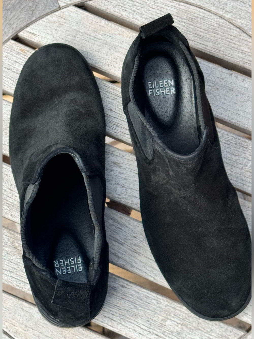 Eileen Fisher Black Suede Slip-On Low Boots, New Without Tags, Size 8